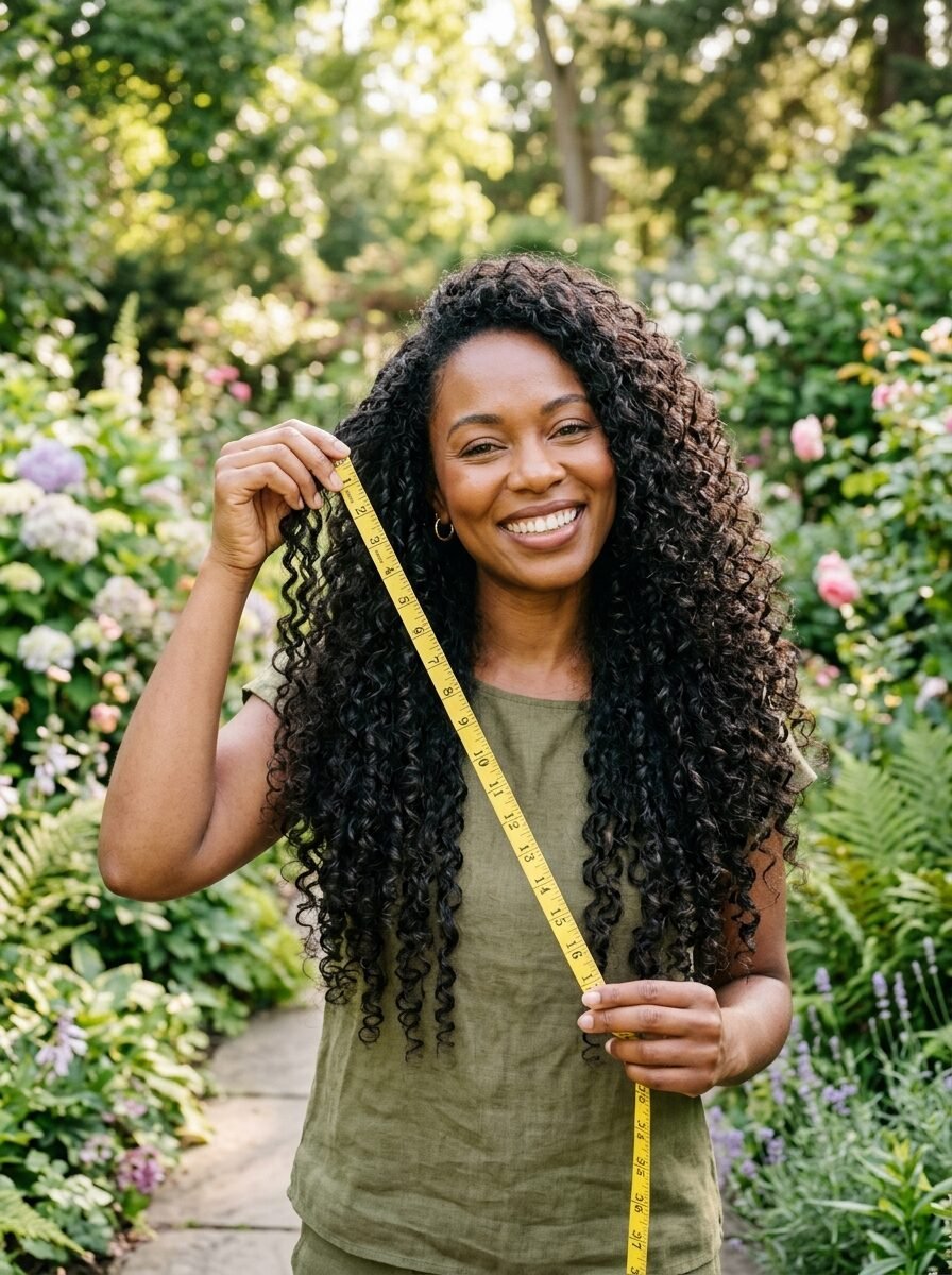 A person with dark curly hair holds a yellow measuring tape to check the length of her hair in a garden.