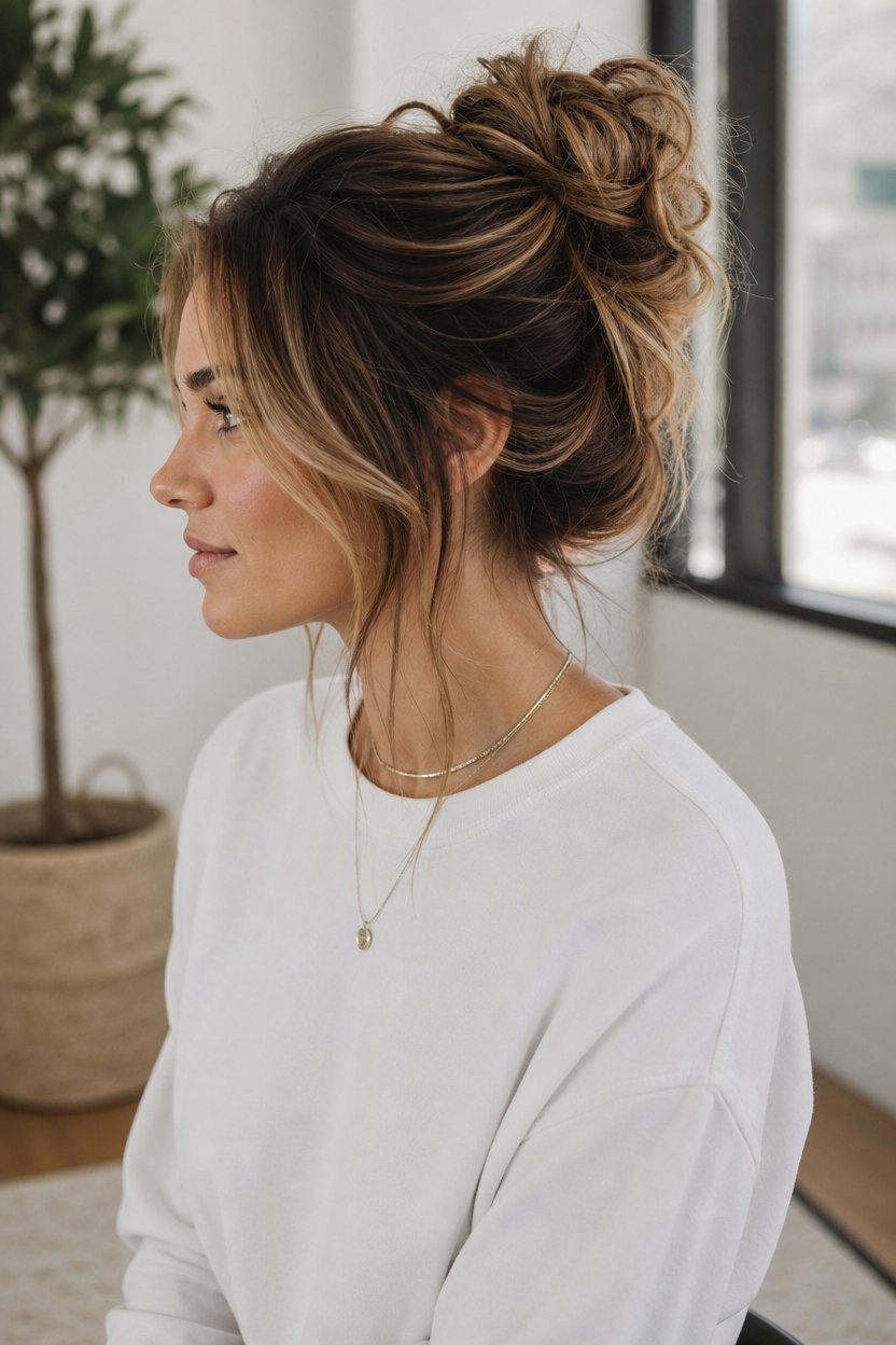 Profile shot of a woman with long highlighted brown hair styled in an elegant messy high bun wearing a white sweater.