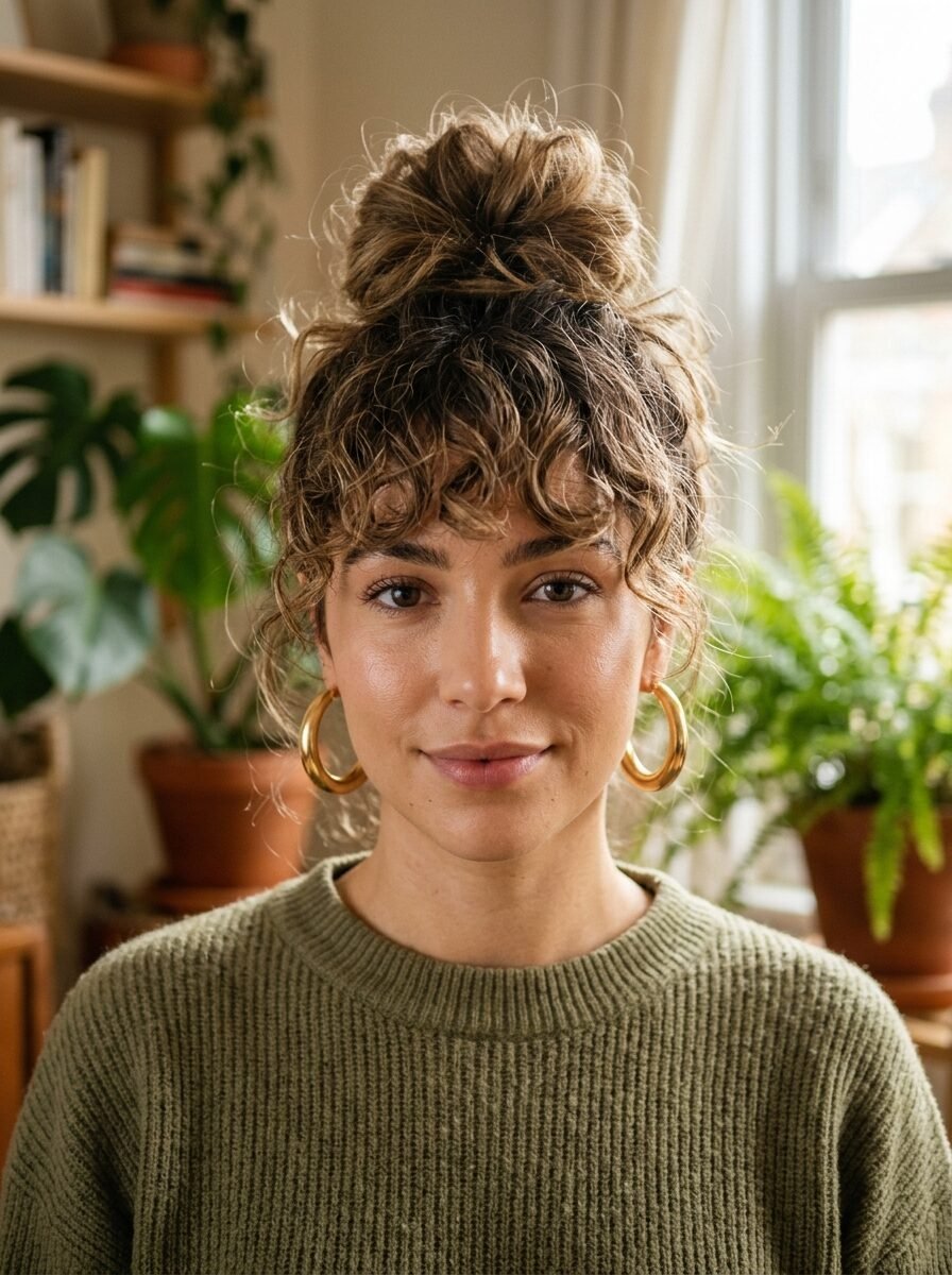 Portrait of a woman with curly hair in a high messy bun, wearing gold hoop earrings and a green knit sweater.