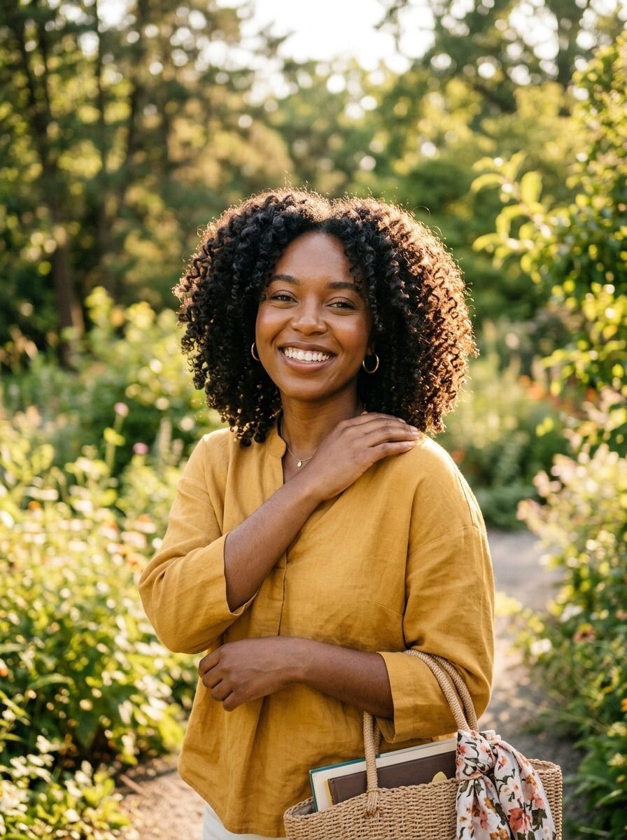 Portrait of a Black woman with curly hair wearing a mustard shirt and holding a straw tote in a sunlit garden.