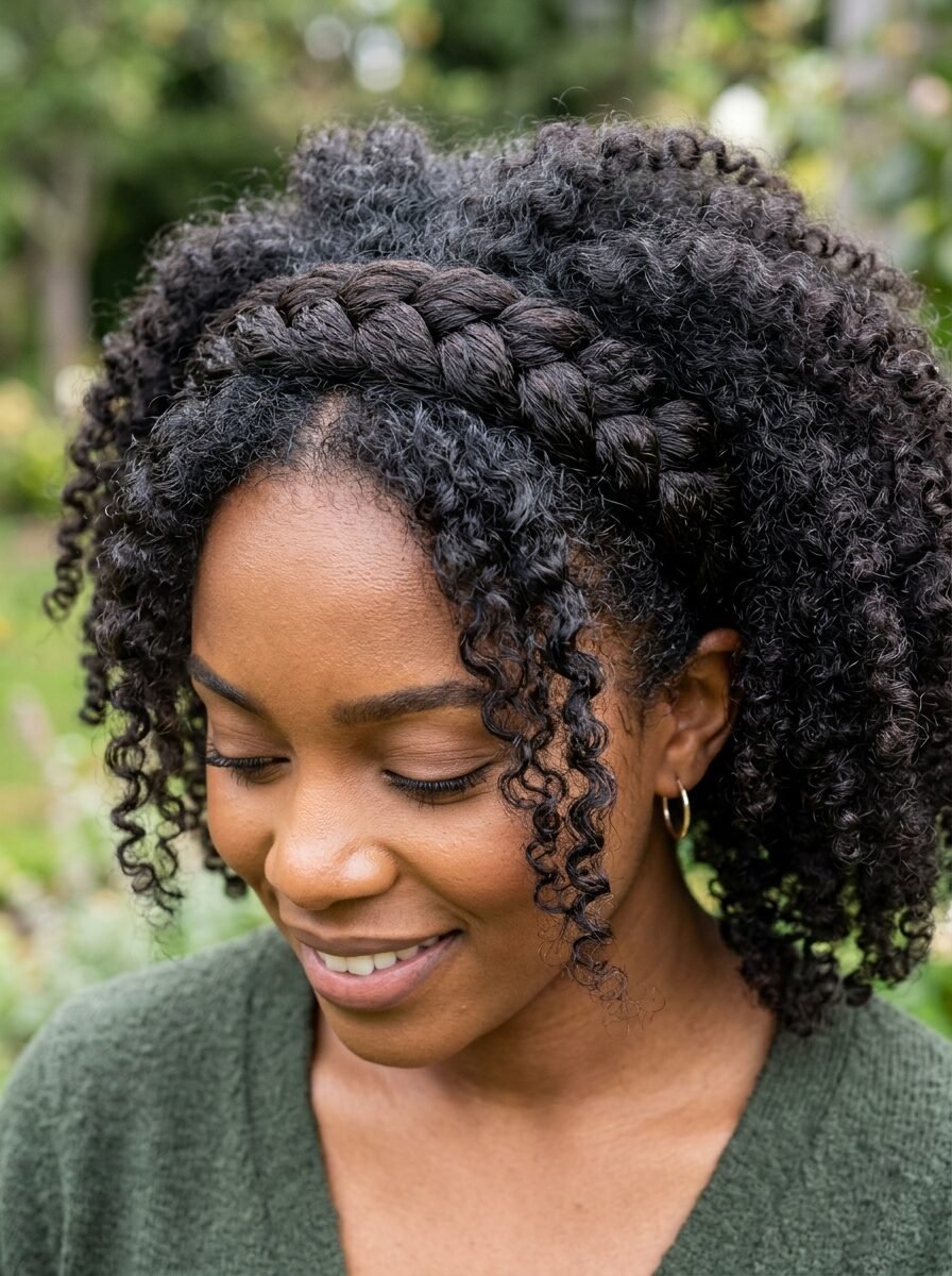 Close-up of a woman with dark, textured curly hair styled with a large braided headband.