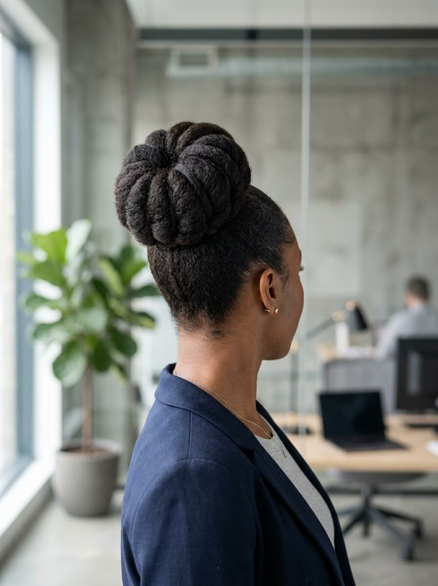 Close-up back view of a woman wearing a blue blazer with her textured hair styled in a high donut-shaped bun.