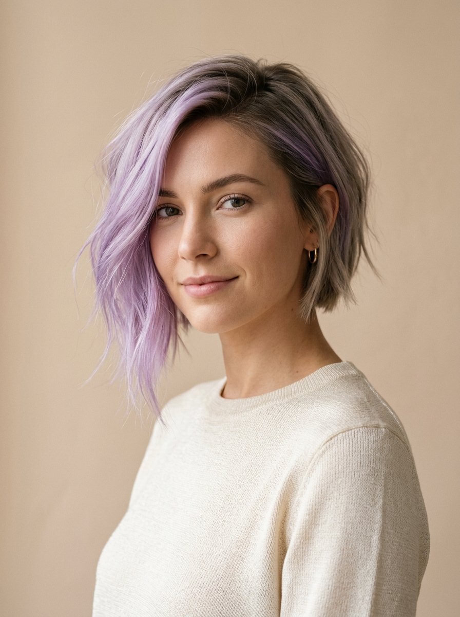 Portrait of a woman wearing a beige sweater with short, asymmetrical lavender and ash grey hair.
