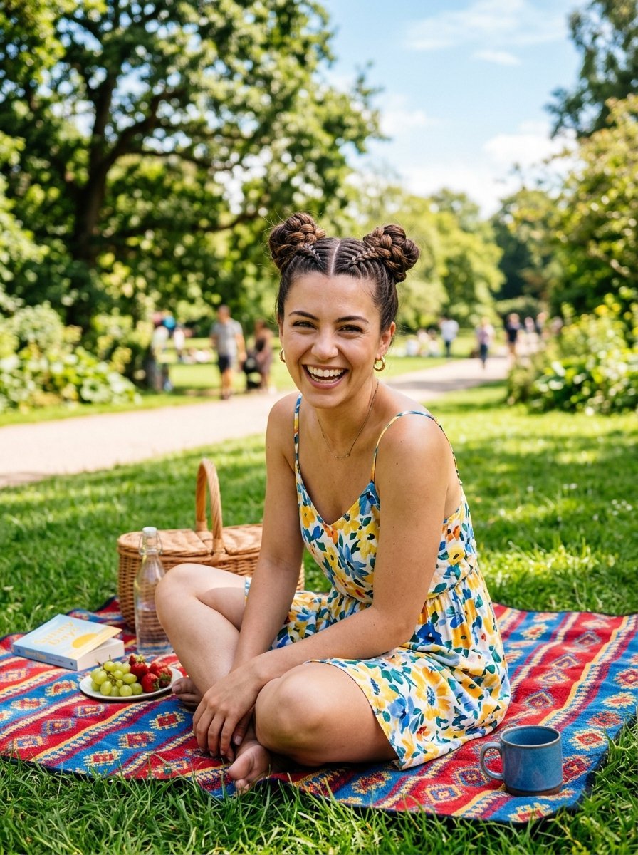 Smiling woman in a floral sundress with space buns sitting on a colorful patterned blanket outdoors.