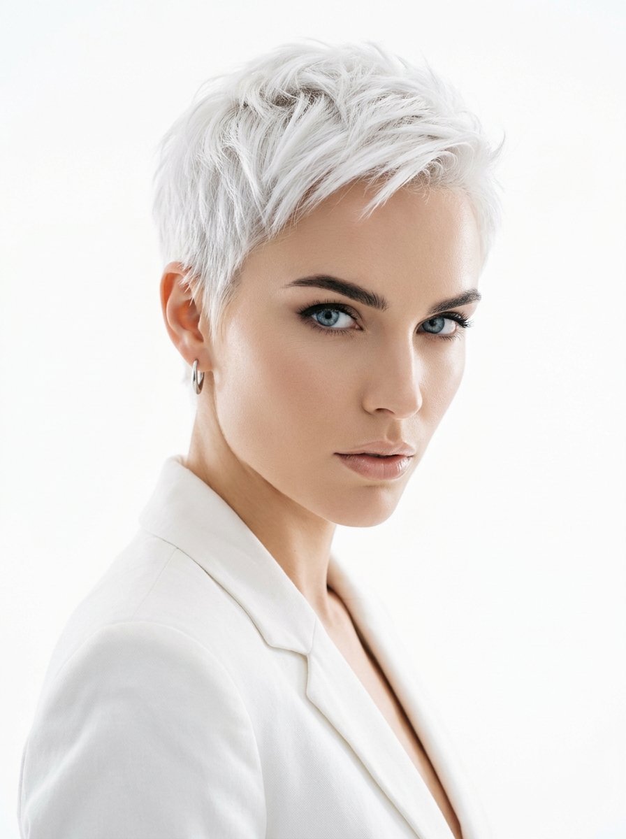 Close-up of a woman with a white pixie cut and piercing blue eyes wearing a white blazer.