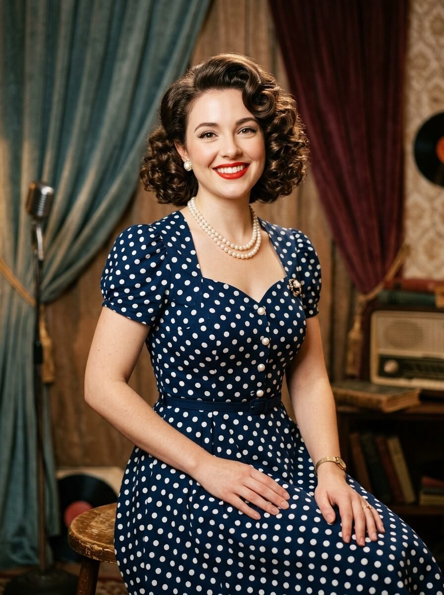 A smiling woman with vintage hair wearing a navy blue polka dot dress and pearl necklace in a retro radio studio setting.