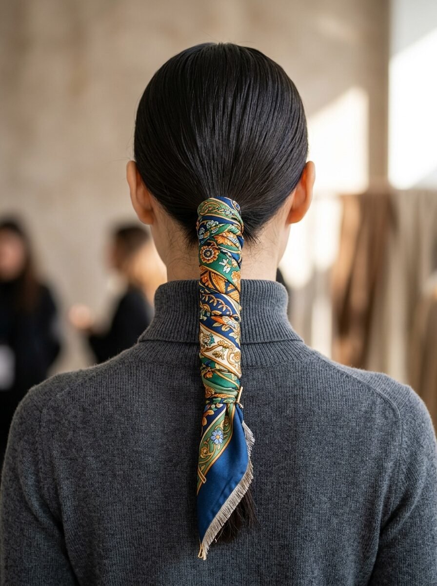 Close-up back view of a woman with black hair styled in a sleek ponytail wrapped with a green and blue patterned scarf.