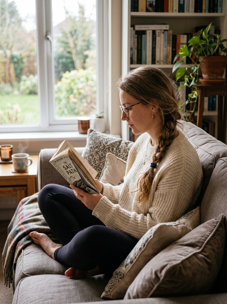 Woman with a side braid sitting on a sofa reading a book next to a window and a bookshelf.