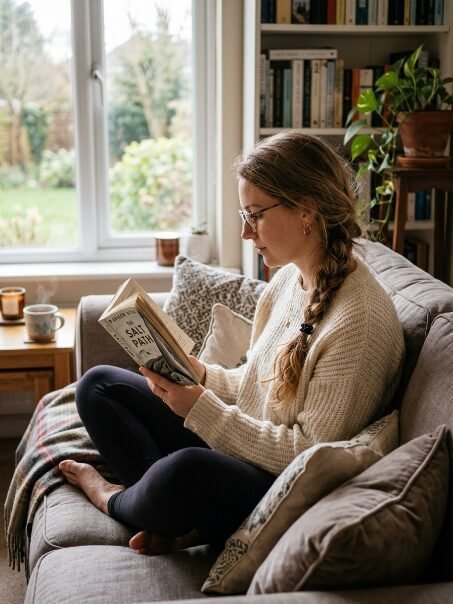 A woman with a side braid sits cross-legged on a couch by a window reading The Salt Path book.