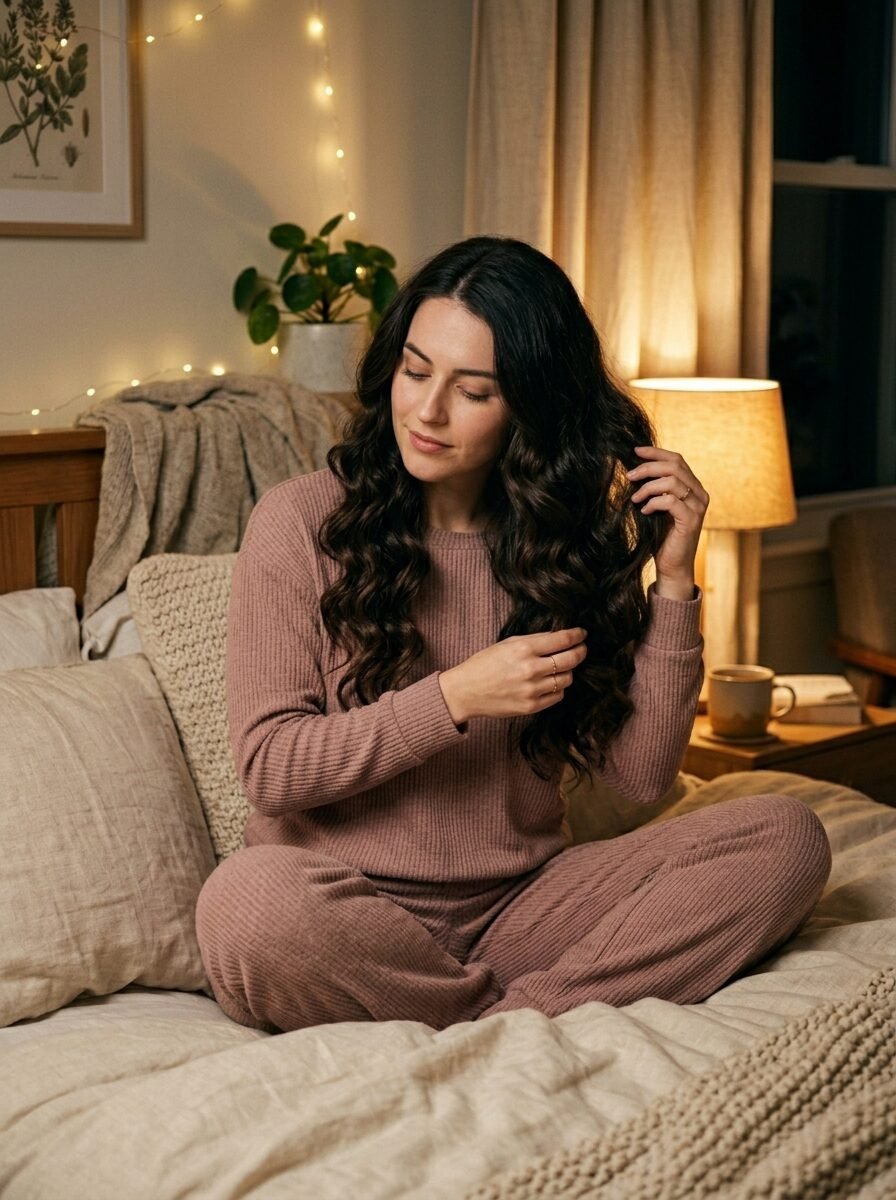 Young brunette woman with long wavy hair sitting cross-legged on a bed in a warm bedroom setting.