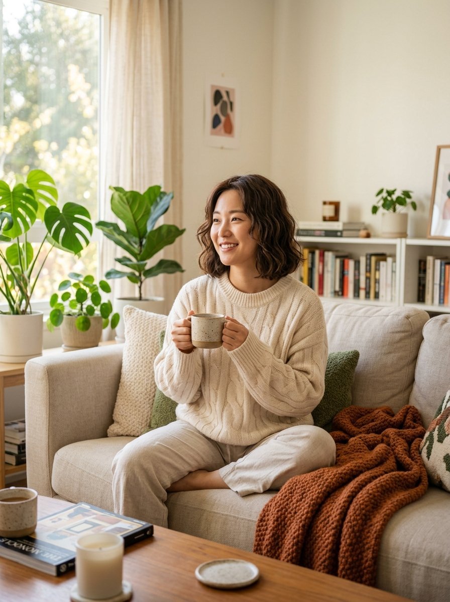 Smiling woman in a cable-knit sweater sits on a couch with a hot drink surrounded by house plants.