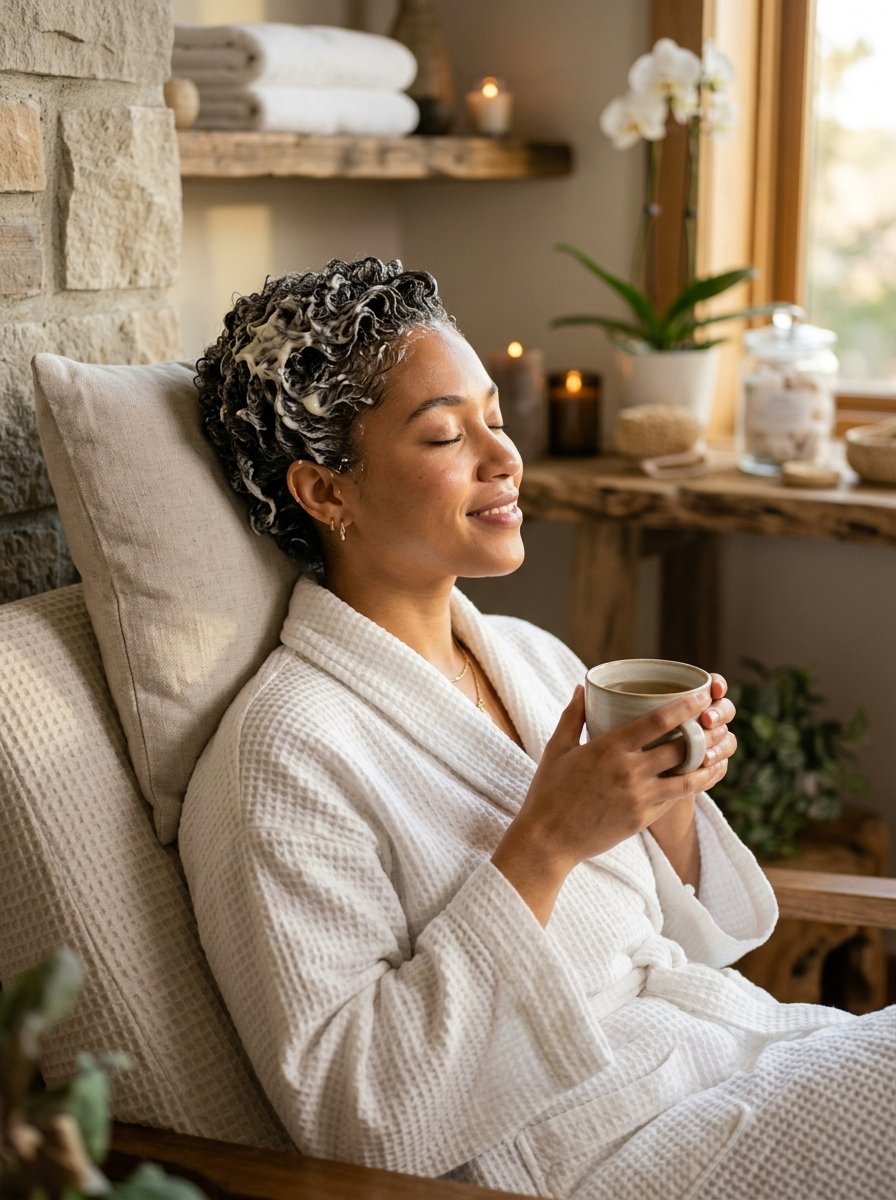 Smiling woman in a white waffle robe holding a mug while wearing a moisturizing hair mask in a spa-like room.