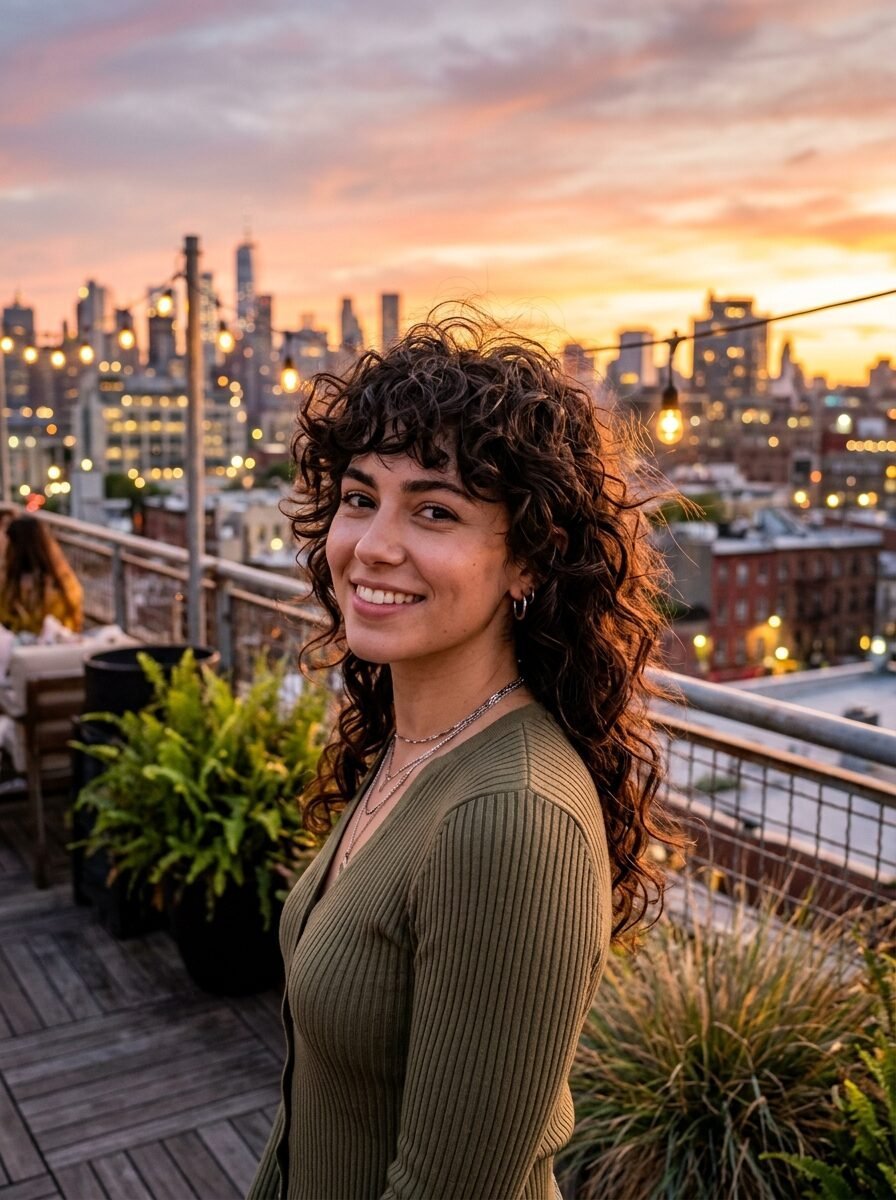 Close-up of a smiling young woman with dark curly hair on a city rooftop with a sunset skyline in the background.