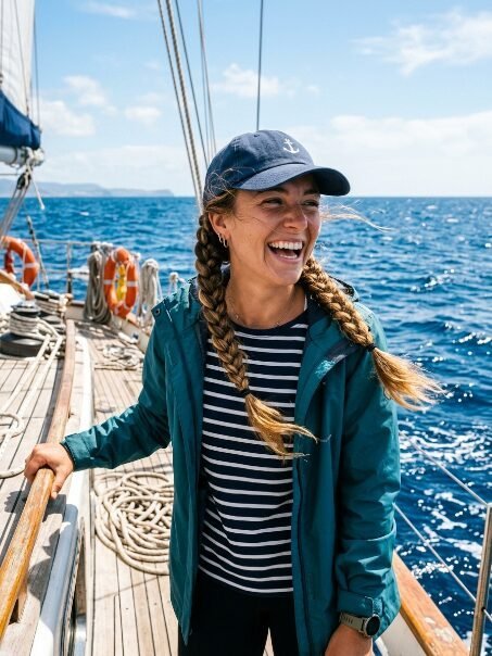 Smiling woman with braided hair and striped shirt standing on the deck of a sailboat on the open ocean.