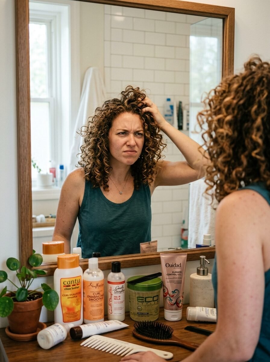 A woman with curly hair looking in a bathroom mirror with various hair care products on the counter.