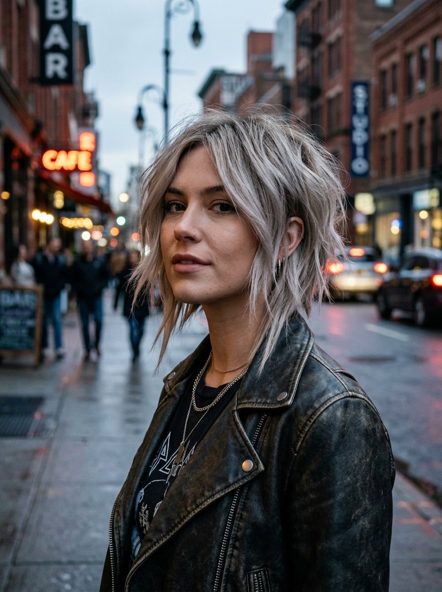 Portrait of a blonde woman in a leather jacket standing on a rainy urban street with glowing cafe lights.