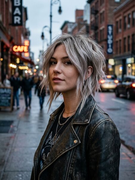 Portrait of a blonde woman with a messy layered haircut wearing a black leather jacket on a busy urban sidewalk.