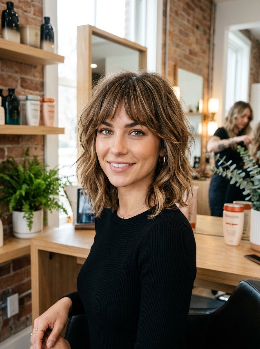 Young woman with a shoulder-length shaggy brunette bob with curtain bangs sitting in a salon chair.
