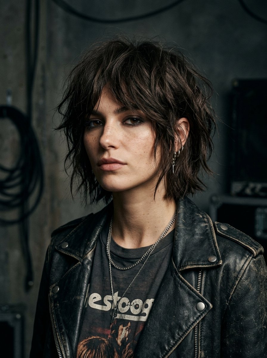 Portrait of a brunette with textured layered hair wearing a distressed black leather motorcycle jacket.