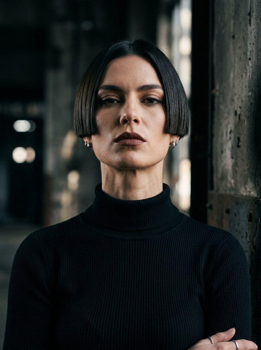 Portrait of a woman with a sleek blunt bob and dark lipstick posing in a gritty industrial setting.