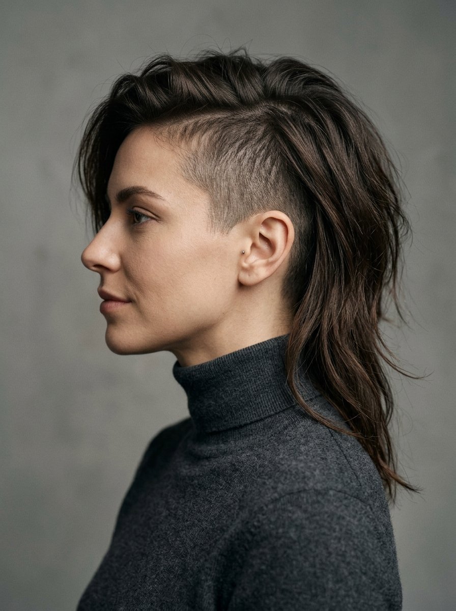 Profile view of a woman wearing a dark grey turtleneck with an edgy undercut hairstyle.