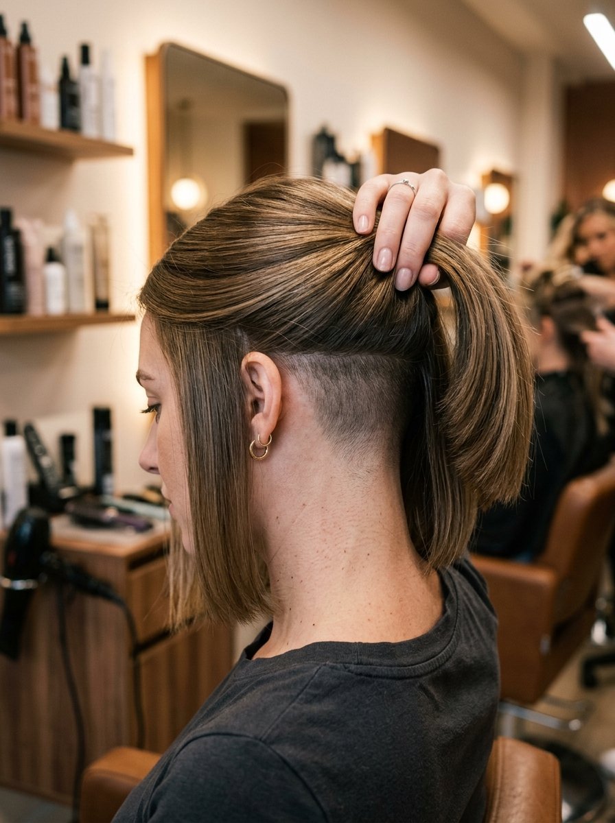 Side view of a woman with a brown bob and a shaved nape sitting in a salon chair.