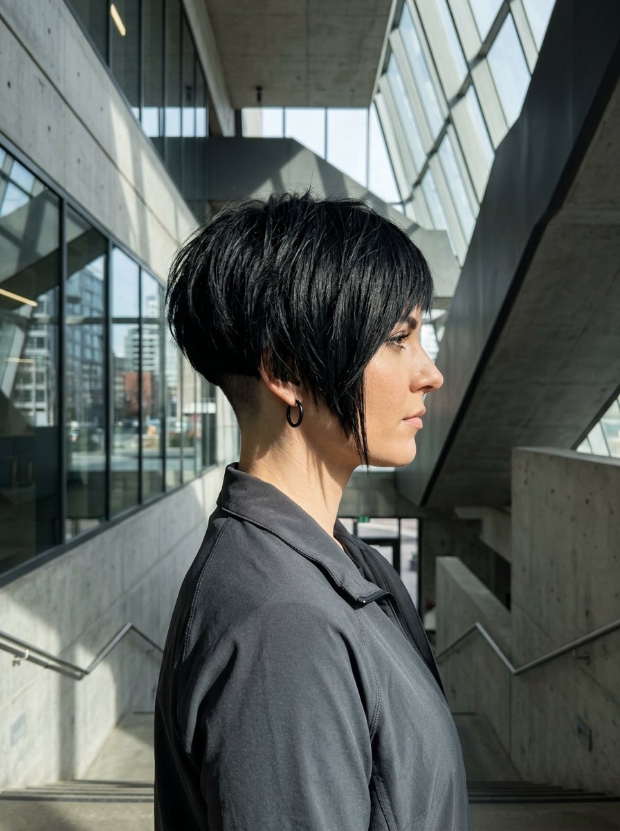 Close-up profile shot of a woman with short black hair featuring an undercut, standing in a concrete stairwell.
