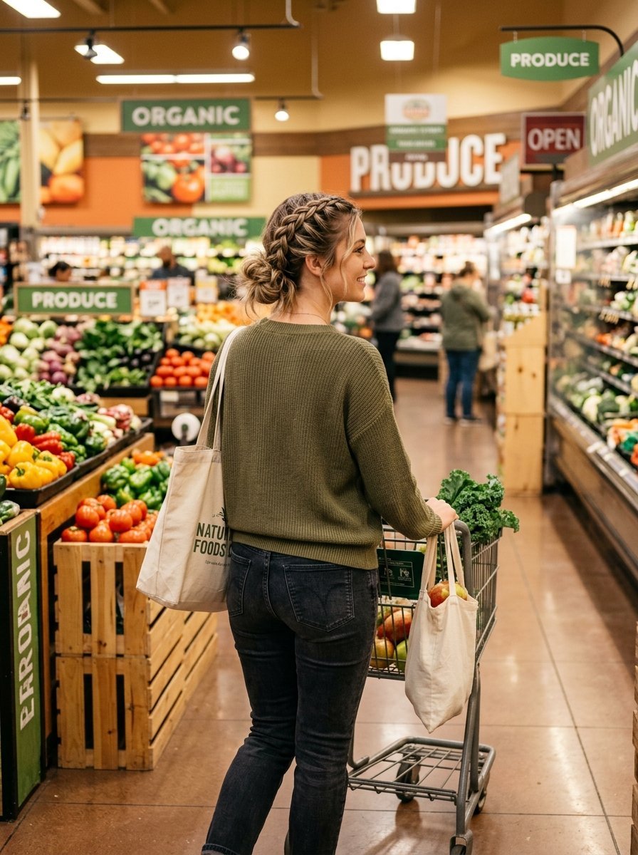 A woman with a braided bun in an olive sweater pushing a shopping cart through an organic produce section.