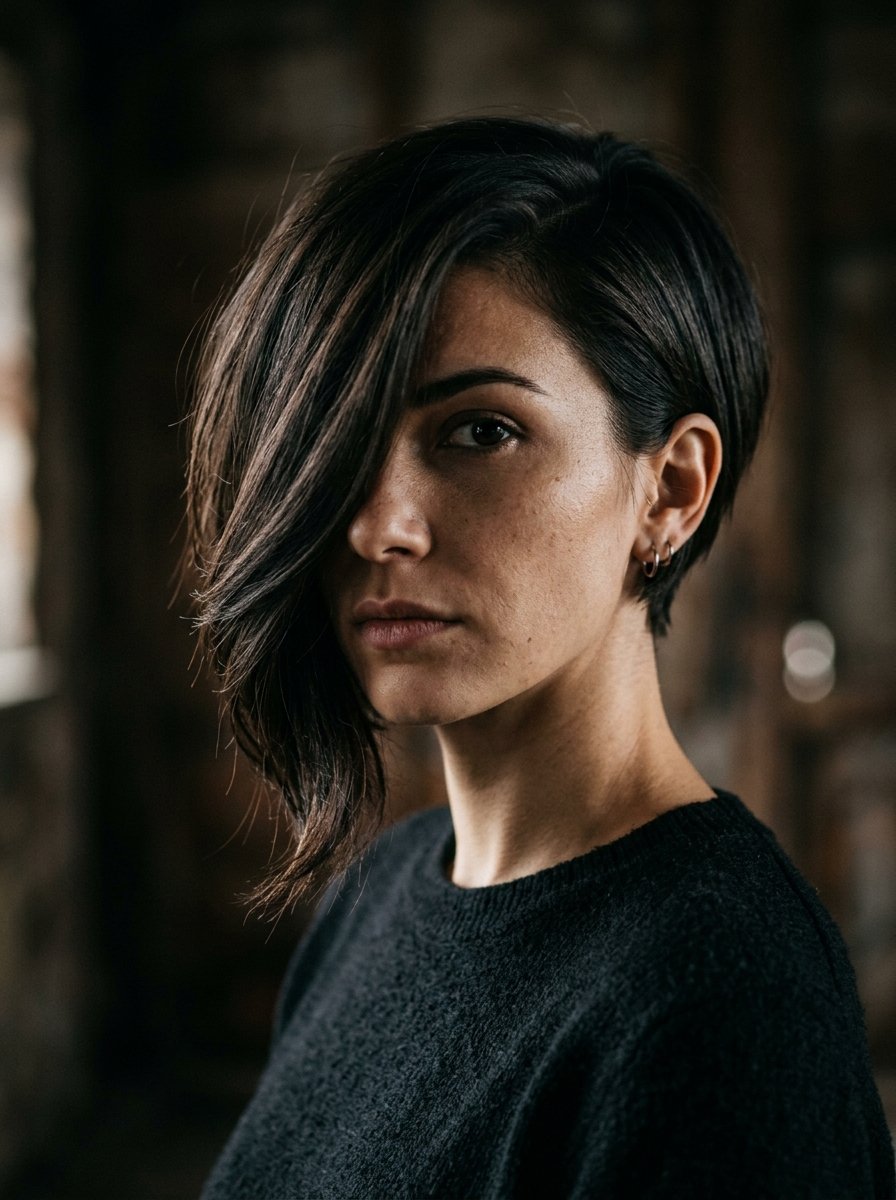 Close-up portrait of a woman with dark hair styled in an asymmetrical cut, wearing a simple black sweater.