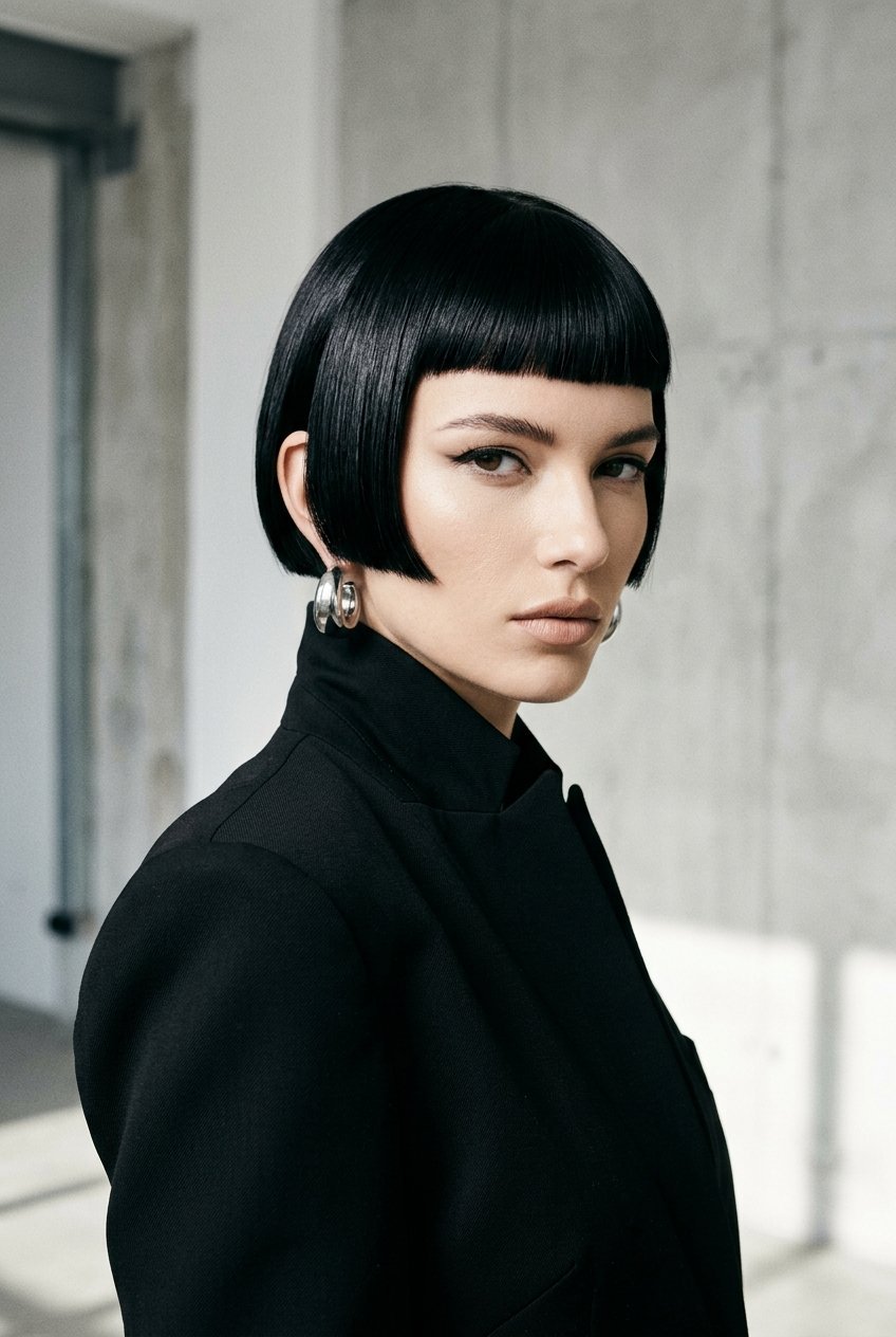 Portrait of a woman wearing a black jacket and sporting a sharp, chin-length bob with blunt bangs.