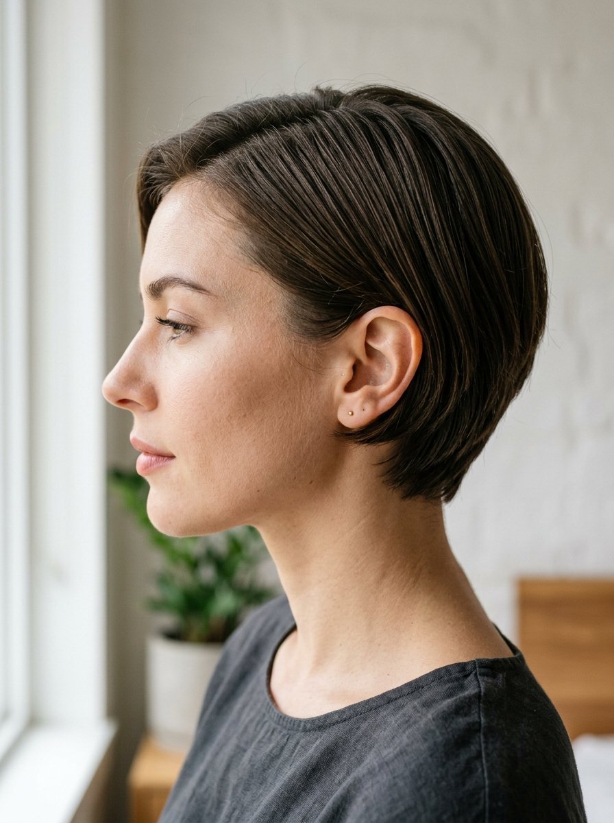 Close-up of a woman in profile view with dark brown hair, wearing a grey linen top indoors.