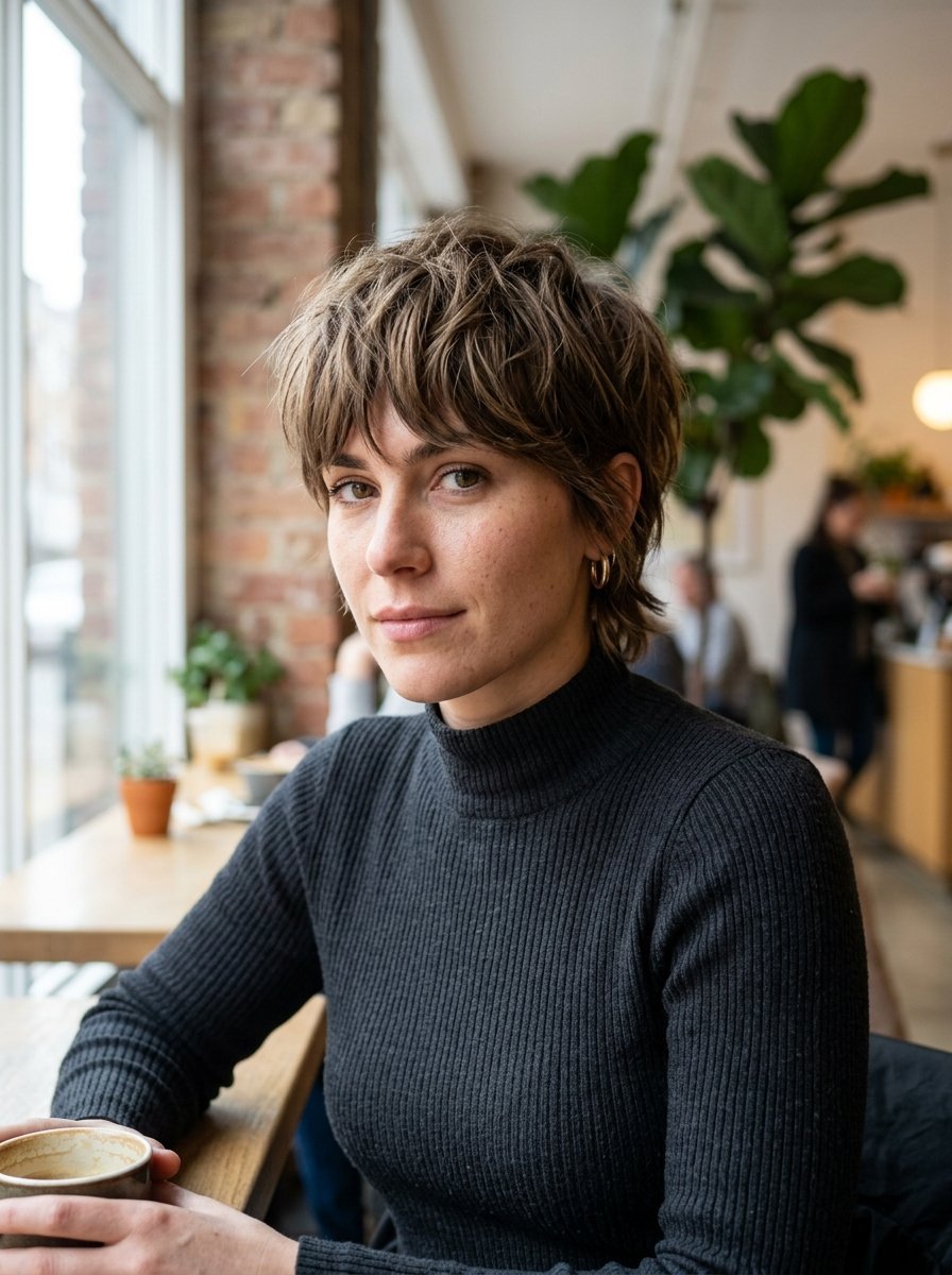 Close-up portrait of a woman with a textured short haircut wearing a black ribbed sweater inside a coffee shop.