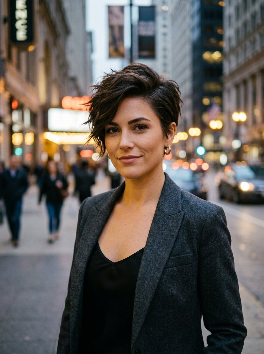 A woman with short brown hair wears a charcoal blazer on a city sidewalk at twilight.