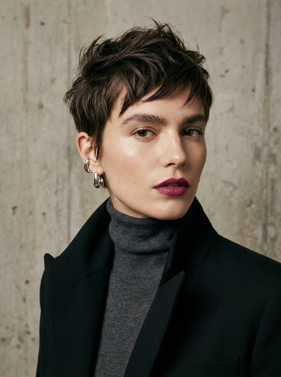 Portrait of a woman with short brunette hair wearing a charcoal grey turtleneck and bold magenta lip color.