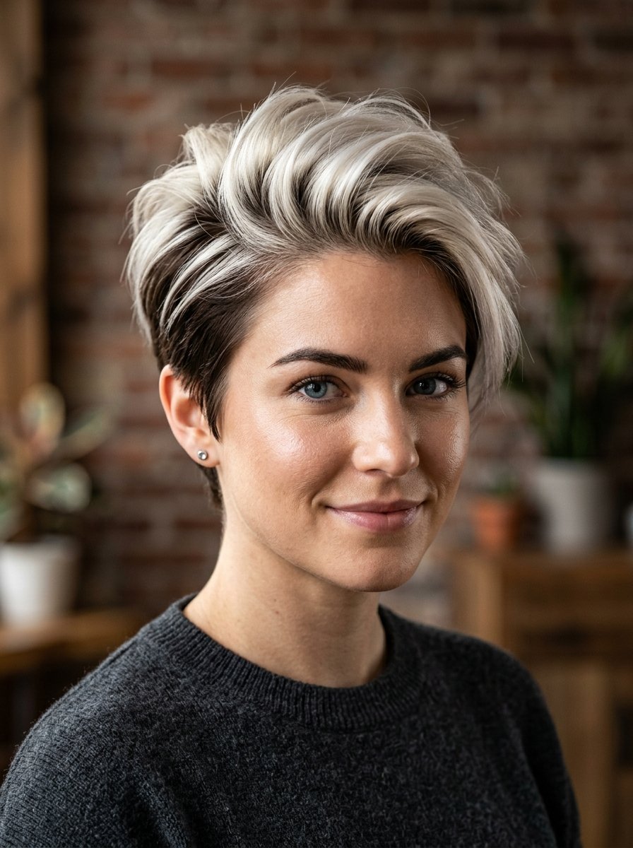 Portrait of a young woman with a two-toned short hairstyle and a soft smile.