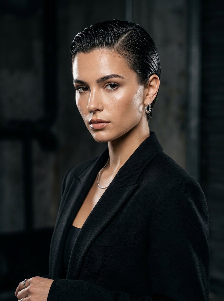 Close-up of a woman with short wet-look hair wearing a black suit jacket and small hoop earrings.