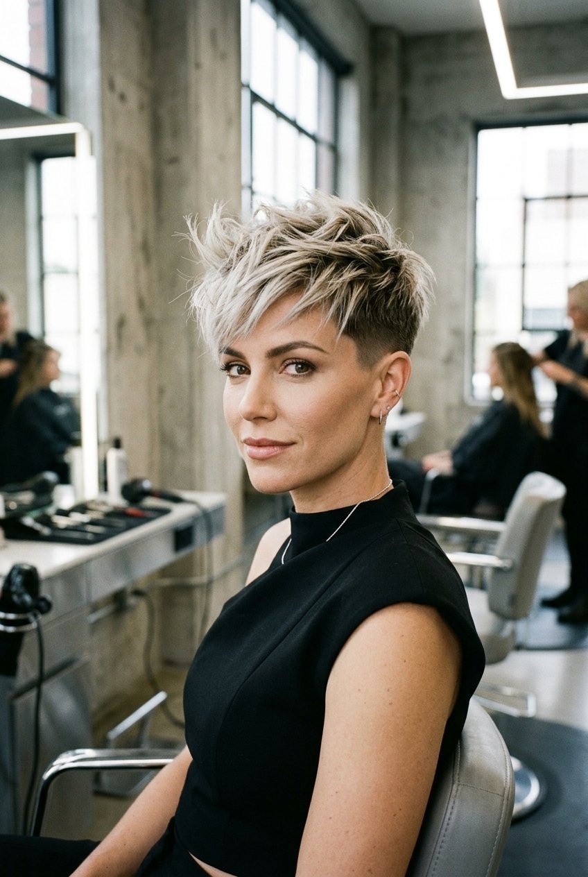 Close-up of a woman with a trendy short spiky blonde hairstyle sitting in a modern professional hair salon chair.