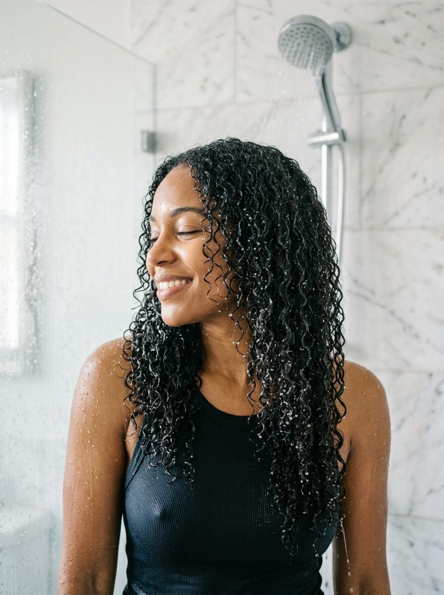 A smiling Black woman with long damp curly hair under a shower head in a marble-tiled bathroom stall.