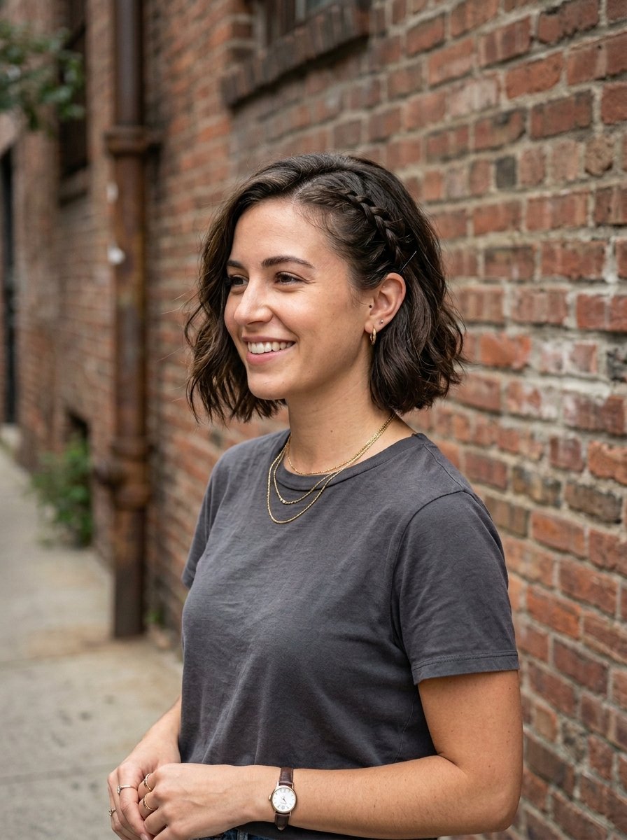Portrait of a smiling woman with wavy brunette hair featuring a side braid, standing by a rustic brick wall.