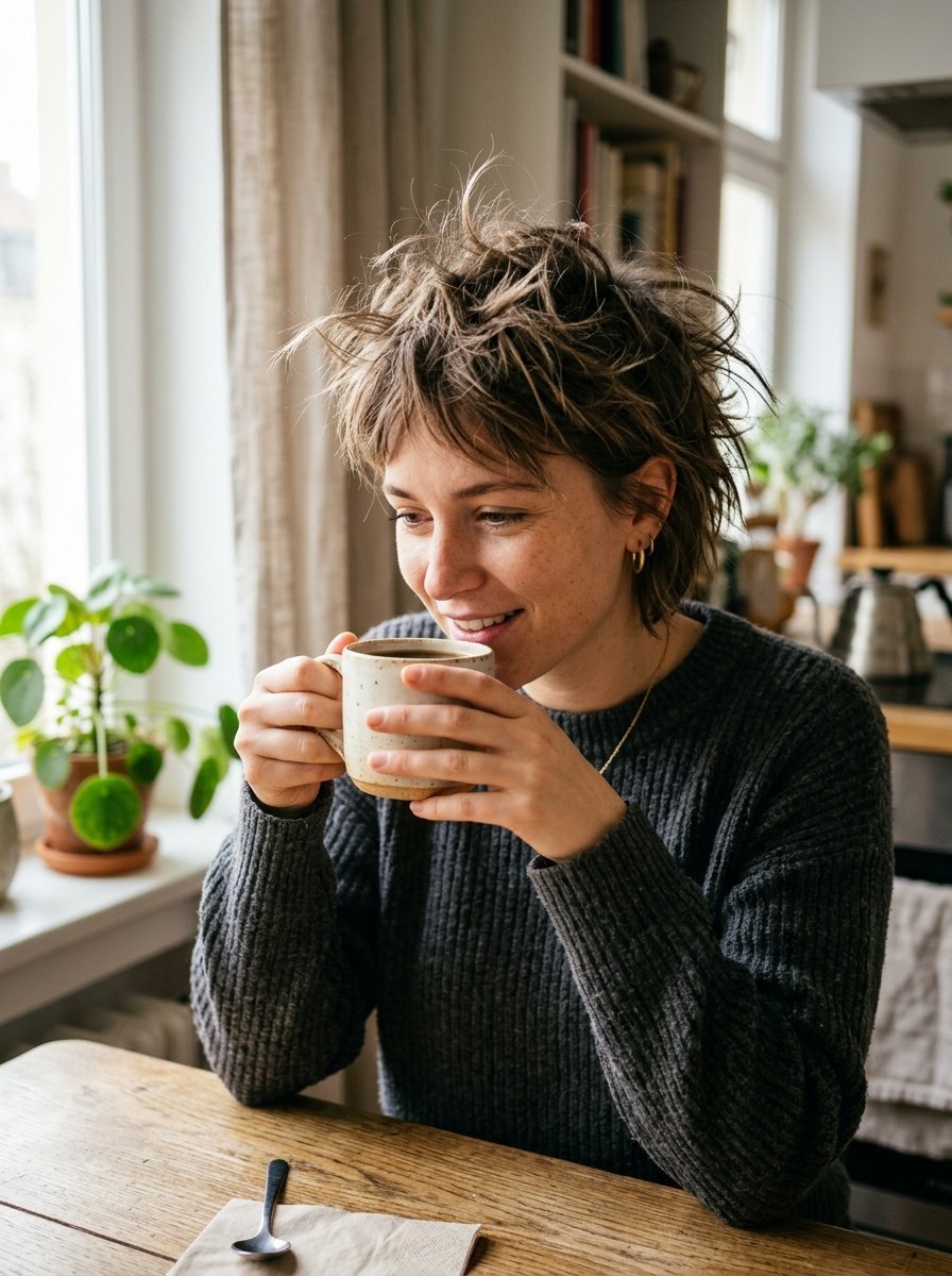 A smiling person in a grey sweater holds a ceramic mug near a window with a small houseplant.