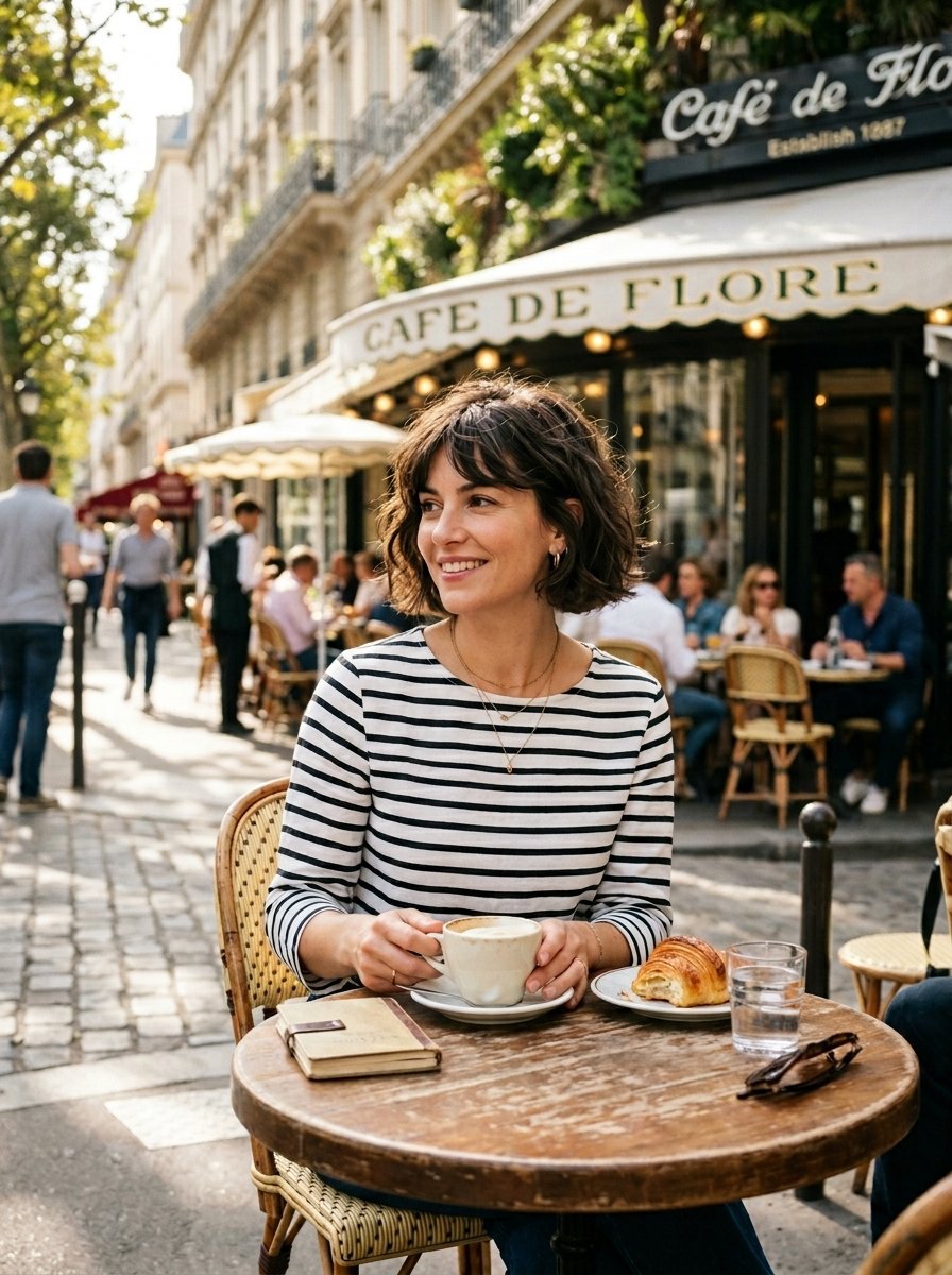 Woman with wavy hair in a striped shirt sitting at a round wooden table outside Cafe de Flore with a coffee.