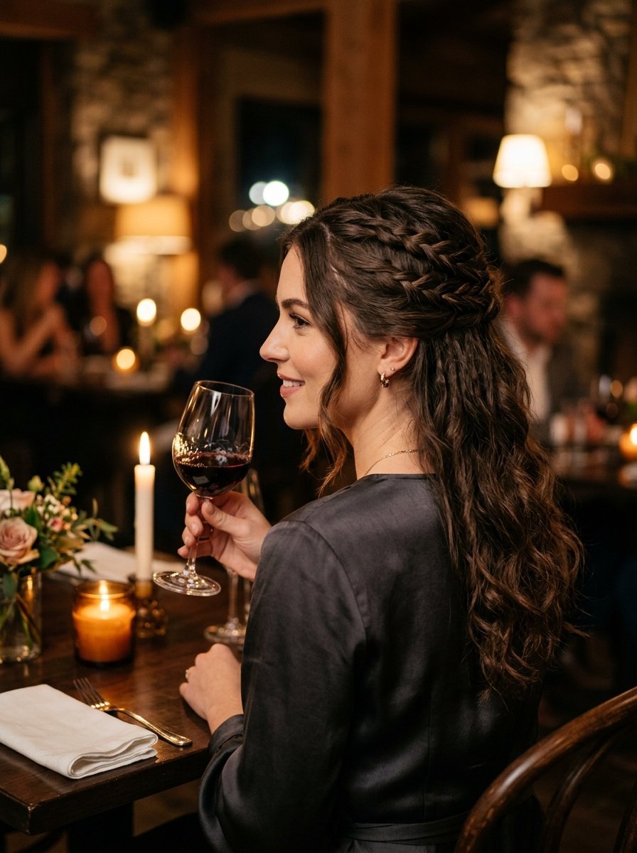 Profile view of a woman with braided wavy hair holding a wine glass at a cozy restaurant dinner table.
