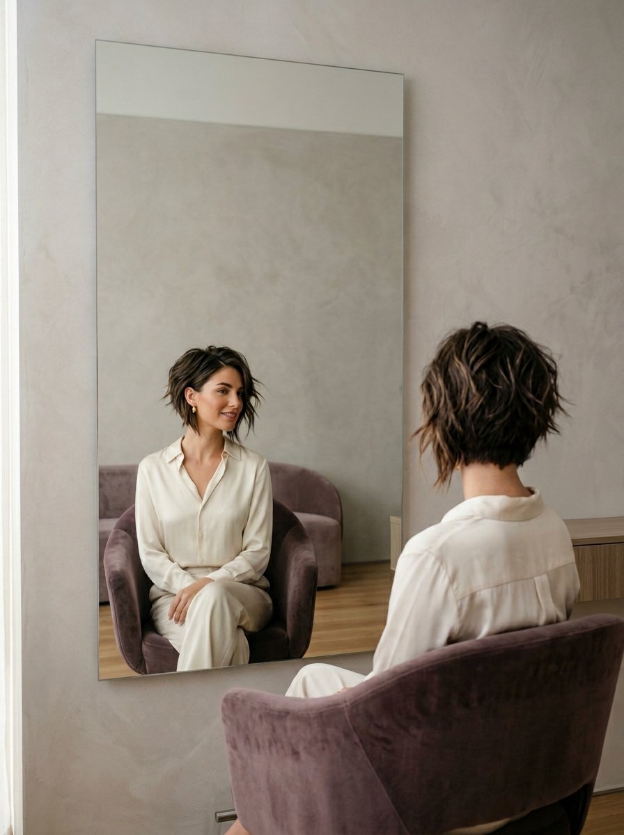 A woman seen from behind sitting in a plush chair, looking at her reflection in a large wall mirror.