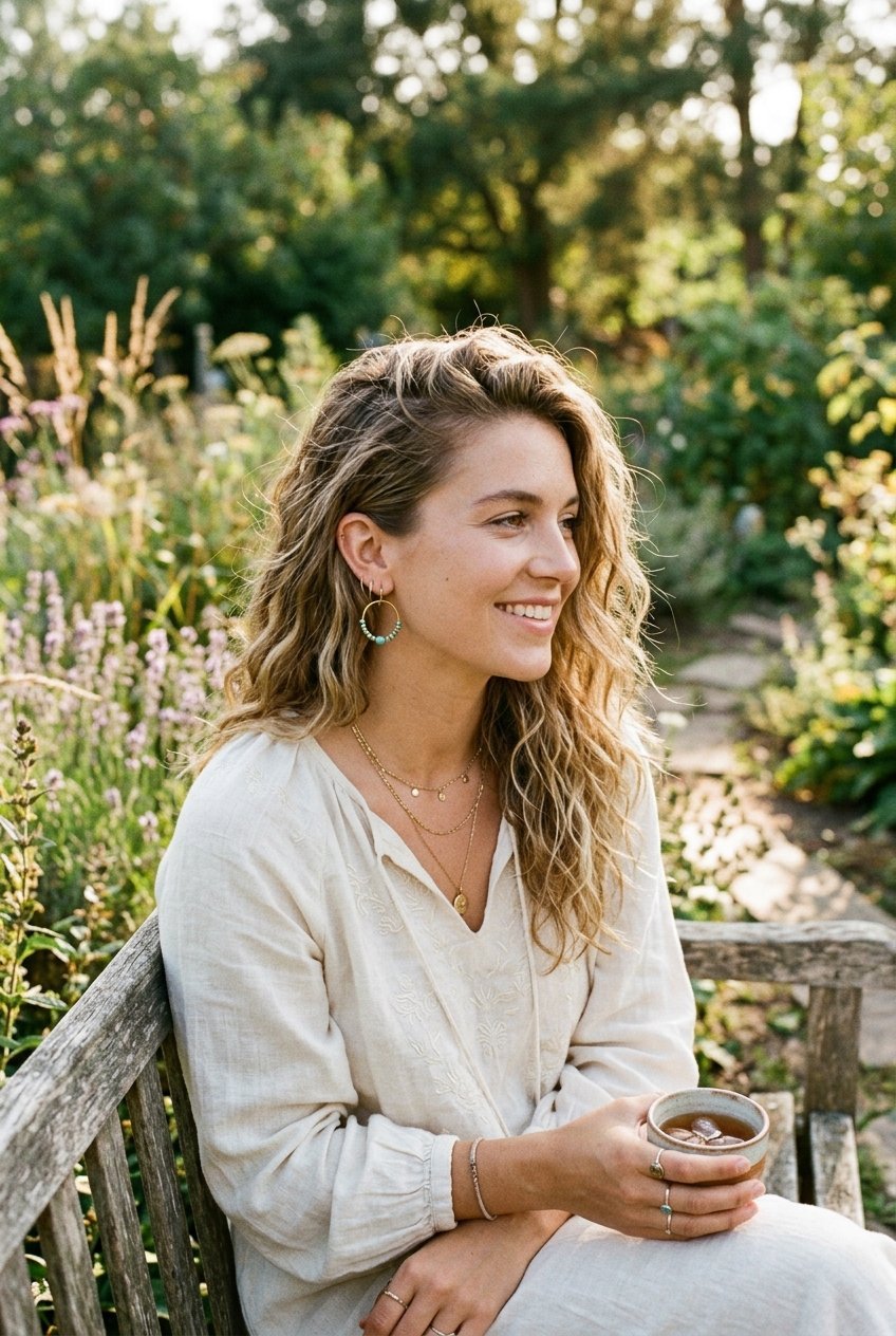 A blonde woman in a white dress sitting in a blooming garden holding a small ceramic cup of iced tea.