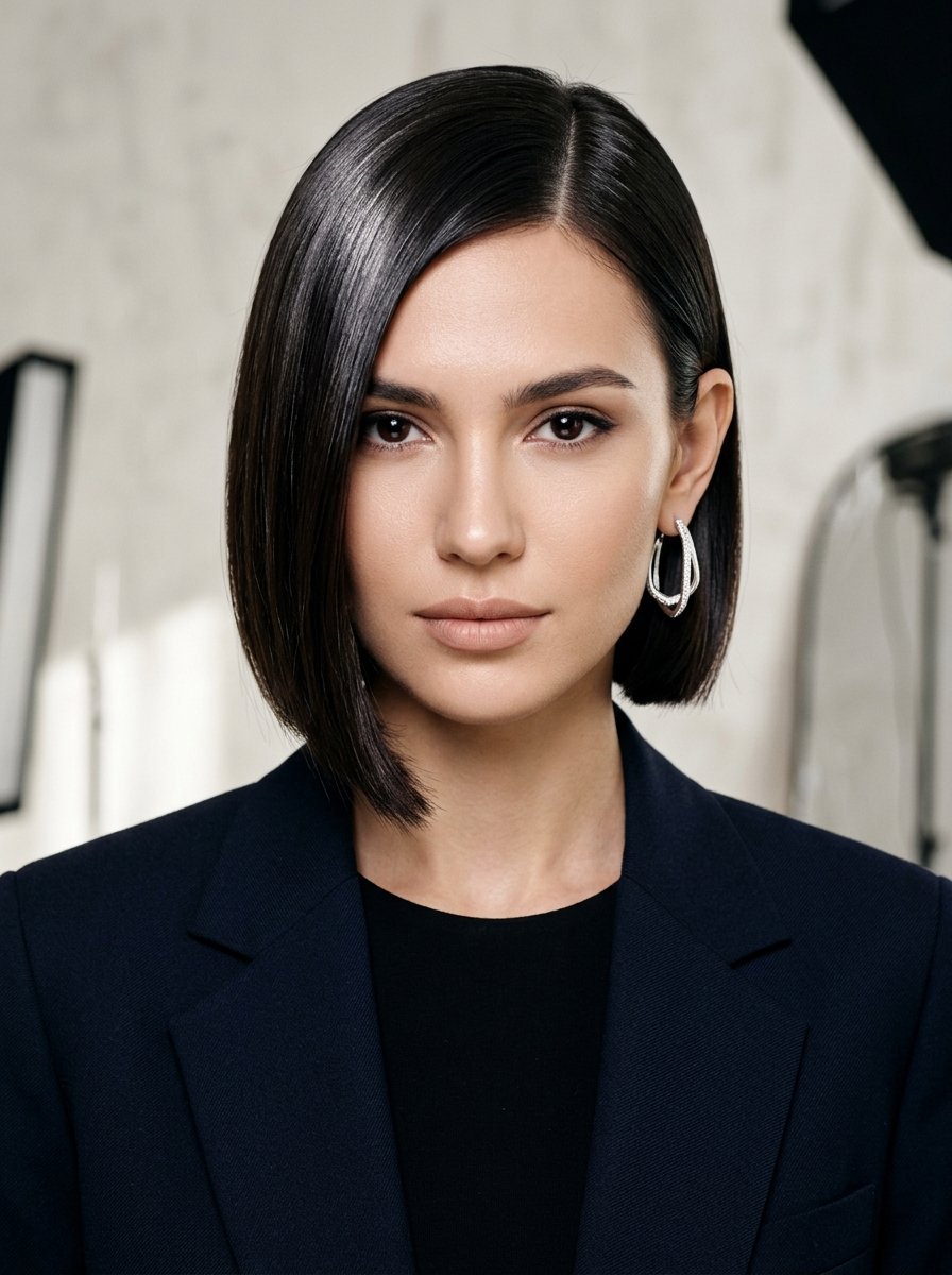 Close-up of a professional woman with a dark, sharp bob hairstyle wearing a navy blue blazer and silver hoop earrings.