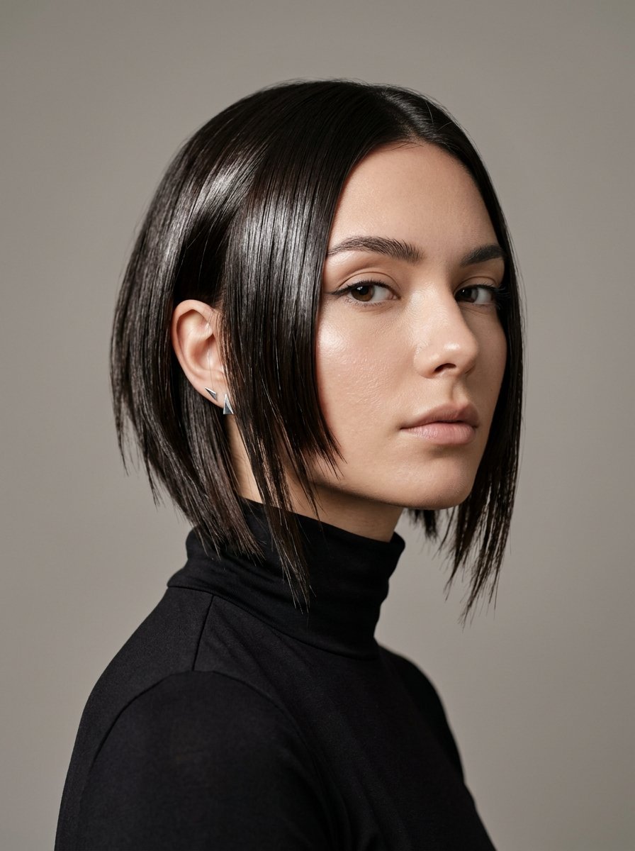 Portrait of a woman with shiny dark hair and a blunt bob cut wearing a black turtleneck top.