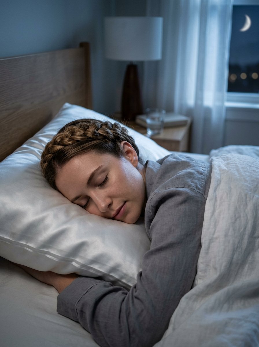 Young woman with a crown braid sleeping on a white satin pillowcase in a dimly lit bedroom at night.