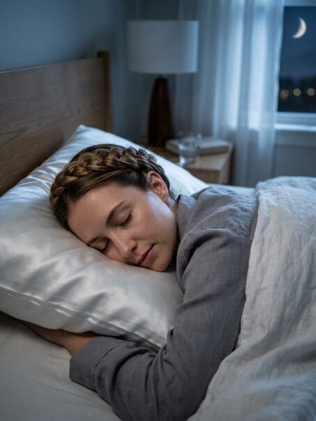 A woman with braided hair sleeping soundly on a white silk pillow at night with a crescent moon visible outside.