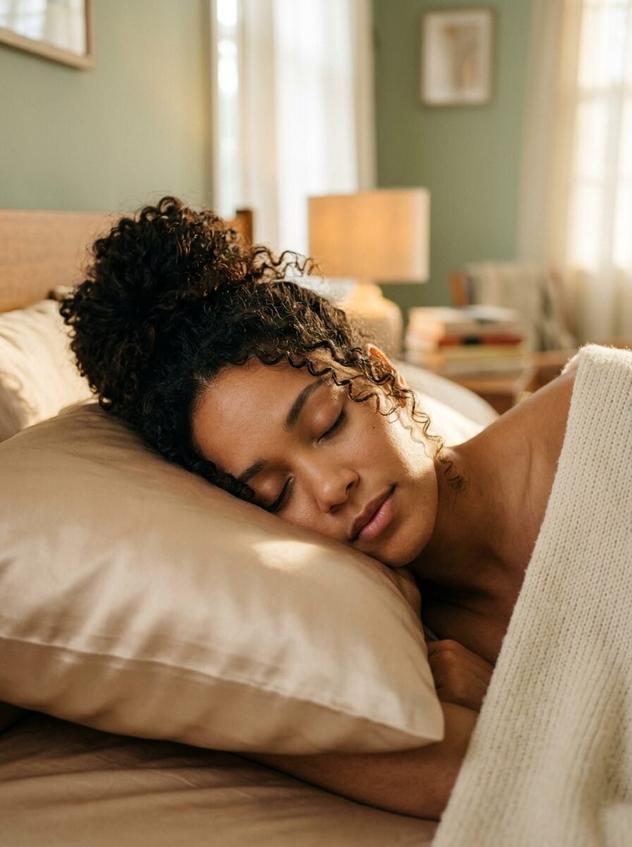 Portrait of a woman with curly hair sleeping comfortably on a smooth satin pillowcase in a sunlit room.