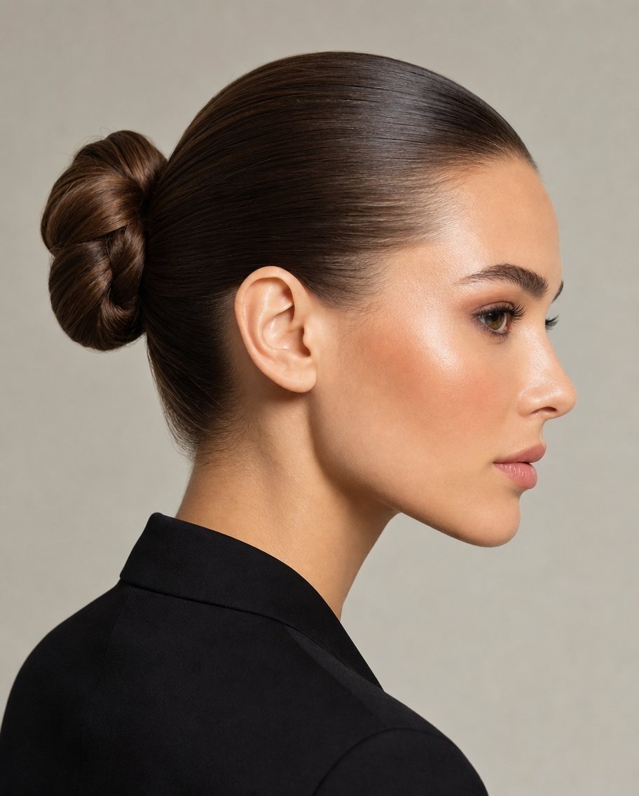 Side profile of a woman with dark hair pulled back into a neat, tight bun wearing a black blazer.